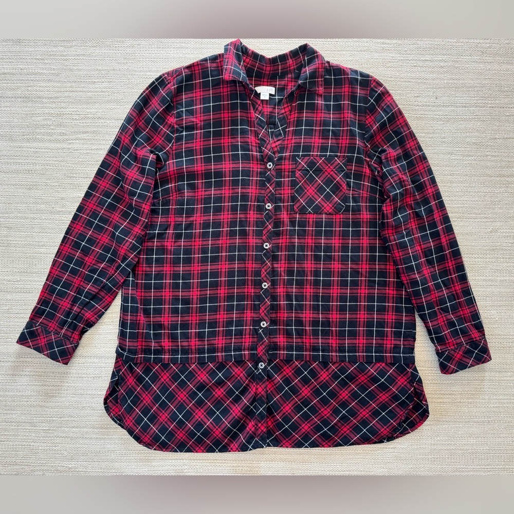 J.Jill red black plaid cotton button up tunic shirt top long‎ sleeve women’s M